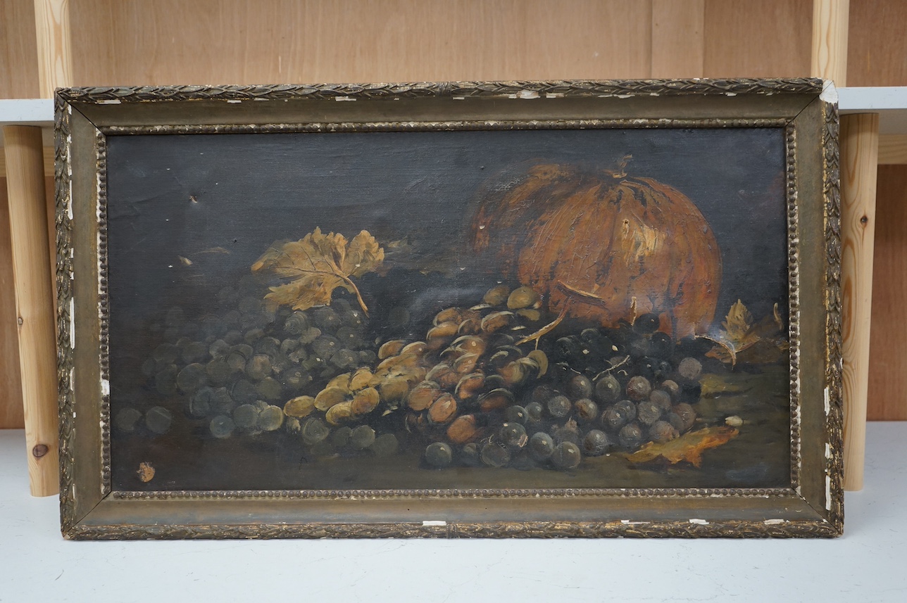 19th century School, oil on canvas, Still life of grapes and a pumpkin, Christie's stencil I39JL verso, unsigned, 39 x 75cm. Condition - poor